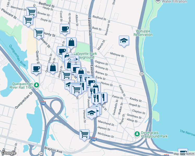 map of restaurants, bars, coffee shops, grocery stores, and more near 580 Eastern Avenue in Fall River