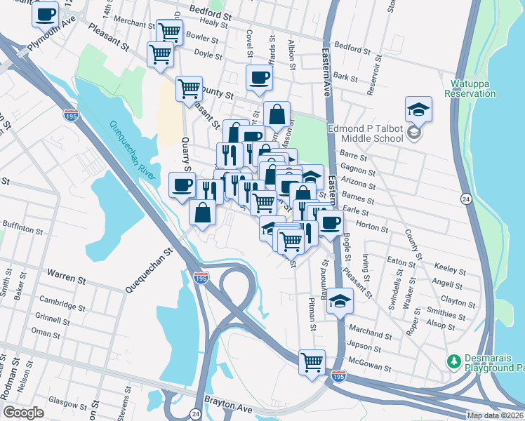 map of restaurants, bars, coffee shops, grocery stores, and more near 43 Claflin Street in Fall River