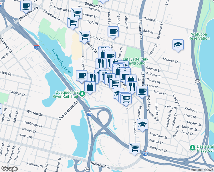 map of restaurants, bars, coffee shops, grocery stores, and more near 354 Jencks Street in Fall River