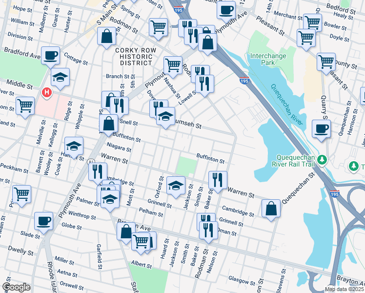 map of restaurants, bars, coffee shops, grocery stores, and more near 335 Buffinton Street in Fall River