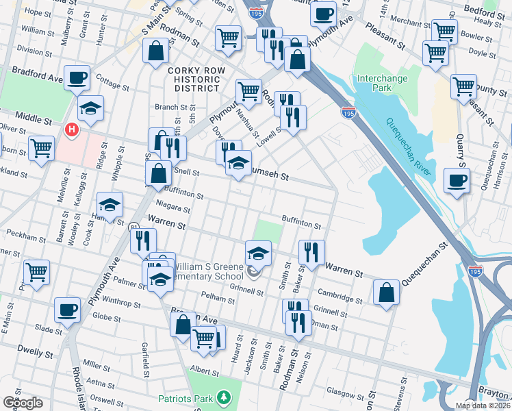 map of restaurants, bars, coffee shops, grocery stores, and more near 335 Buffinton Street in Fall River