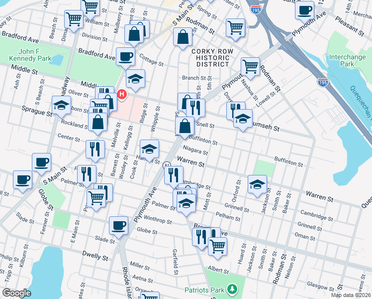 map of restaurants, bars, coffee shops, grocery stores, and more near 31 Niagara Street in Fall River
