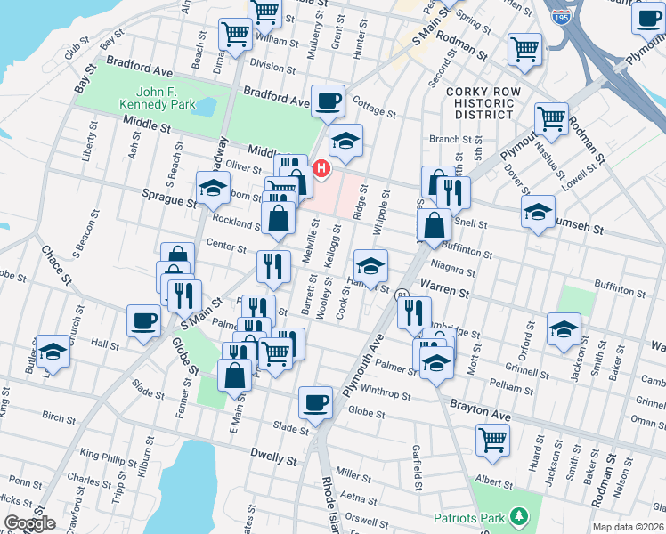 map of restaurants, bars, coffee shops, grocery stores, and more near 172 Hamlet Street in Fall River