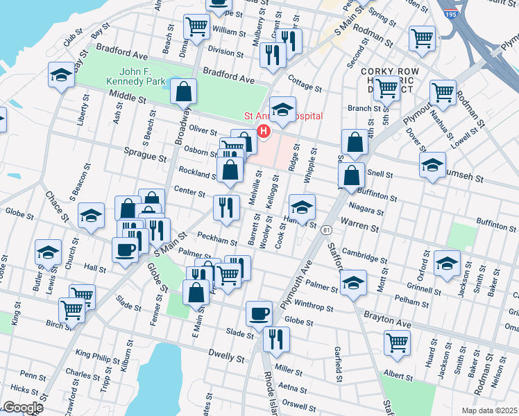 map of restaurants, bars, coffee shops, grocery stores, and more near 81 Hamlet Street in Fall River