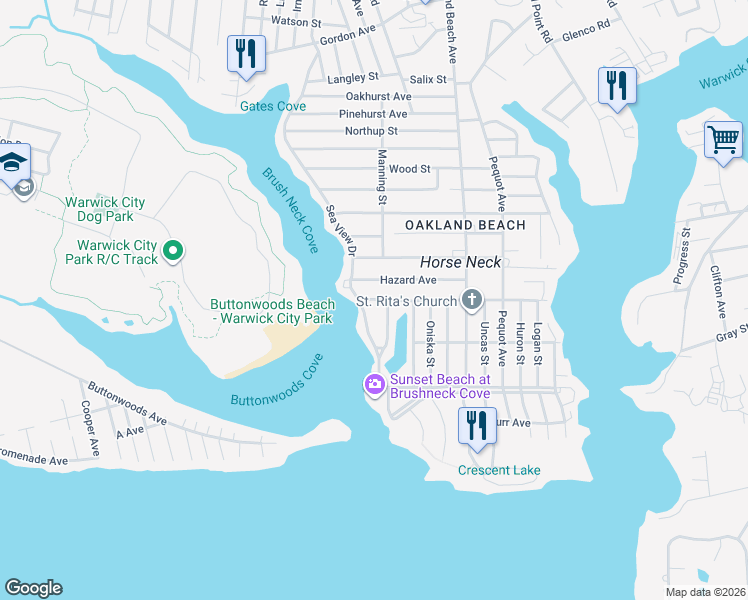 map of restaurants, bars, coffee shops, grocery stores, and more near 2 Forrest Street in Warwick