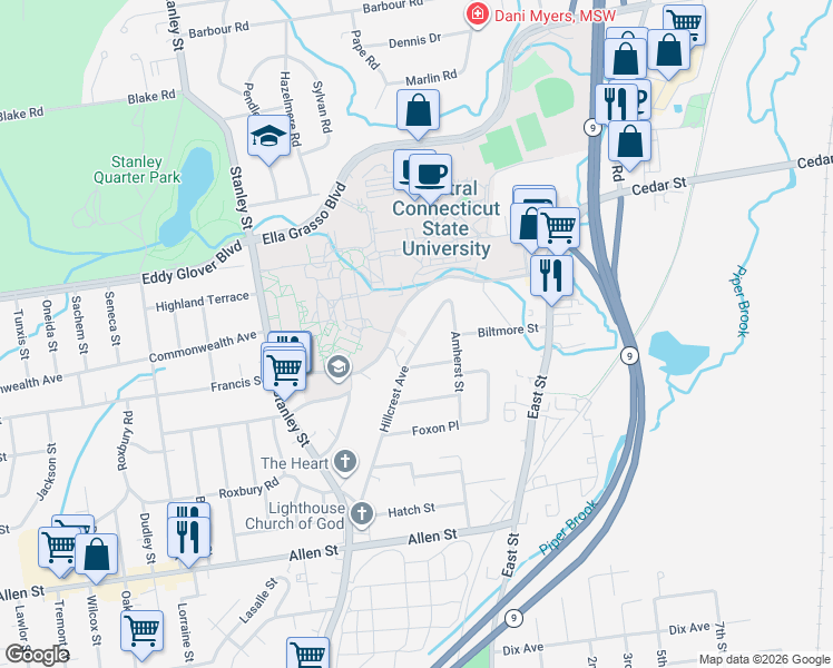 map of restaurants, bars, coffee shops, grocery stores, and more near 190 Hillcrest Avenue in New Britain