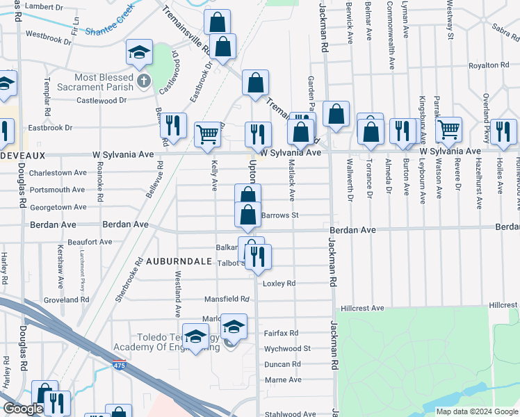 map of restaurants, bars, coffee shops, grocery stores, and more near 3826 Upton Avenue in Toledo