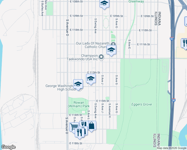 map of restaurants, bars, coffee shops, grocery stores, and more near 11314 South Ewing Avenue in Chicago