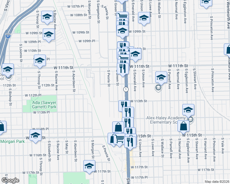 map of restaurants, bars, coffee shops, grocery stores, and more near 11233 South Green Street in Chicago