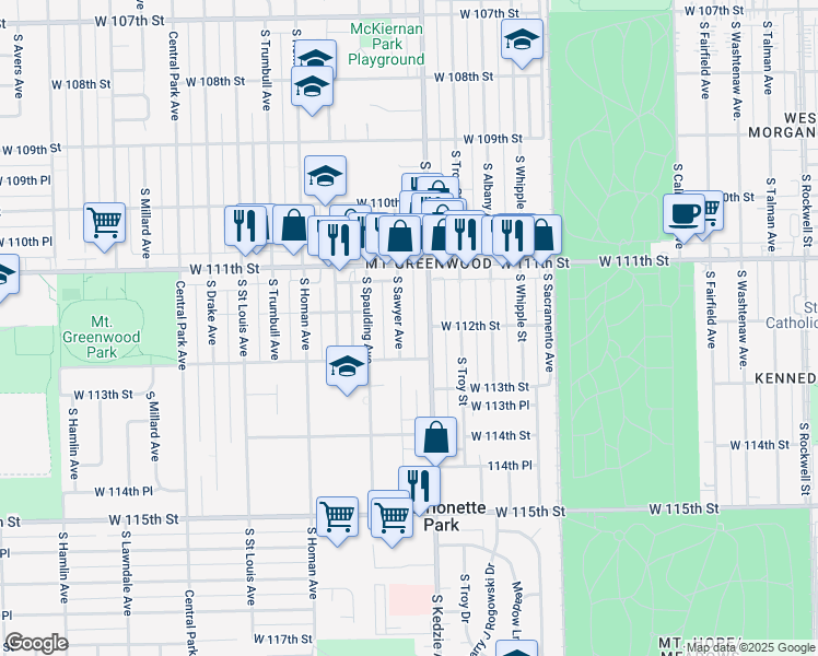 map of restaurants, bars, coffee shops, grocery stores, and more near 11202 South Sawyer Avenue in Chicago