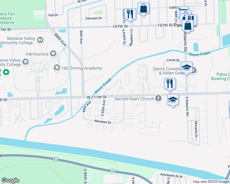 map of restaurants, bars, coffee shops, grocery stores, and more near 11045 Theresa Circle in Palos Hills