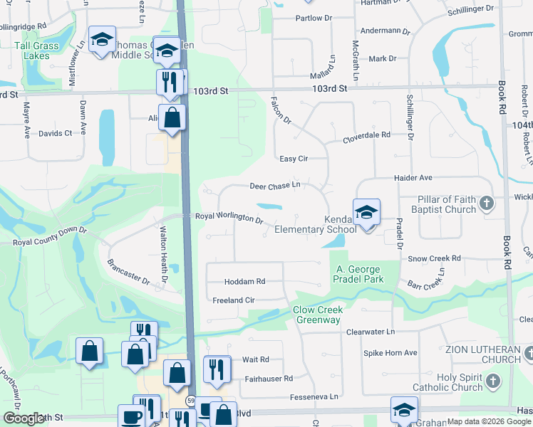map of restaurants, bars, coffee shops, grocery stores, and more near 23754 Royal Worlington Drive in Naperville