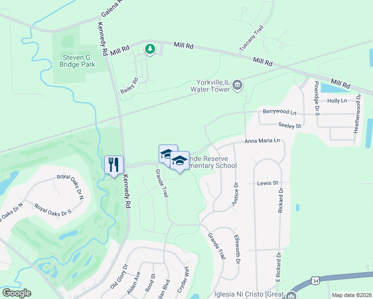 map of restaurants, bars, coffee shops, grocery stores, and more near 3142 Grande Trail in Yorkville