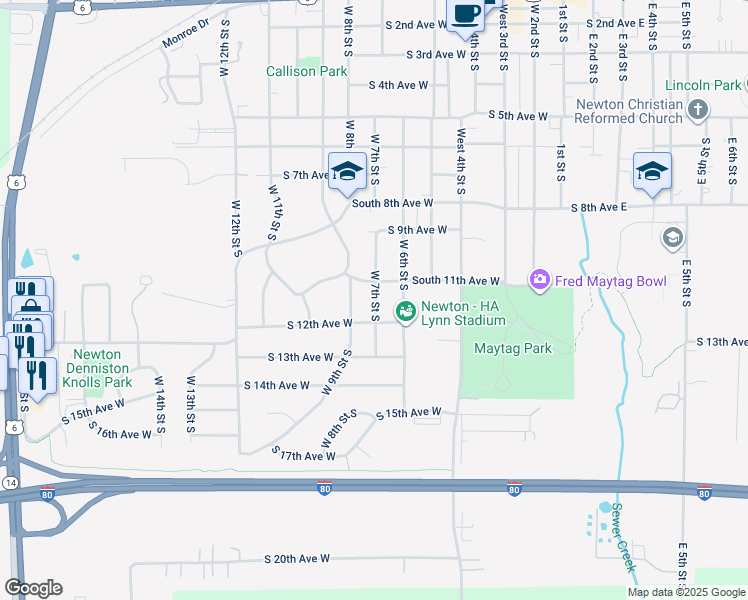 map of restaurants, bars, coffee shops, grocery stores, and more near 1124 West 7th Street South in Newton