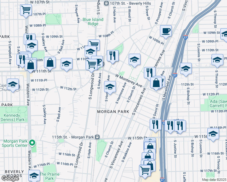map of restaurants, bars, coffee shops, grocery stores, and more near 11179 South Esmond Street in Chicago