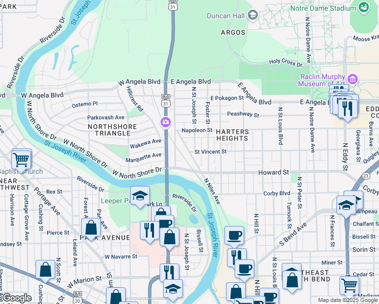 map of restaurants, bars, coffee shops, grocery stores, and more near 1098 North Niles Avenue in South Bend