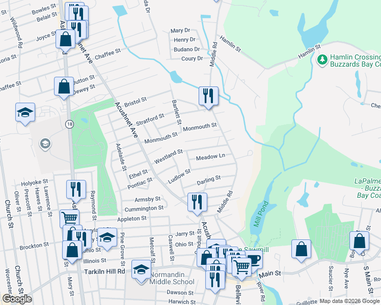 map of restaurants, bars, coffee shops, grocery stores, and more near 2 Westland Street in Acushnet