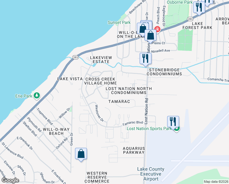 map of restaurants, bars, coffee shops, grocery stores, and more near 38330 North Lane in Willoughby