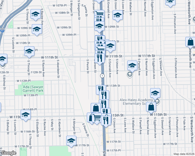 map of restaurants, bars, coffee shops, grocery stores, and more near 11233 South Green Street in Chicago