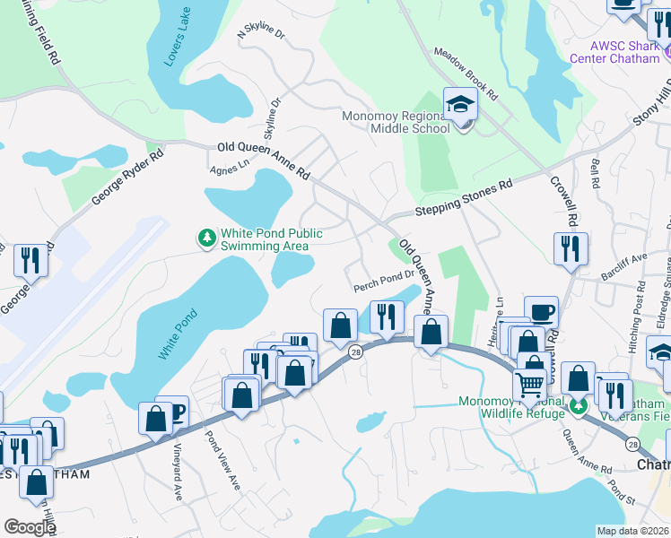 map of restaurants, bars, coffee shops, grocery stores, and more near 83 Wilfred Road in Chatham