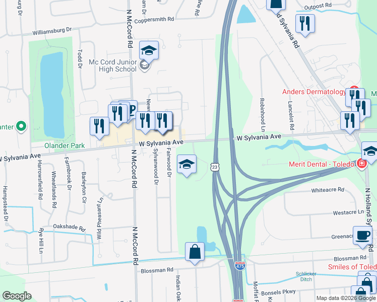 map of restaurants, bars, coffee shops, grocery stores, and more near 6505 Sylvania Ave in Sylvania