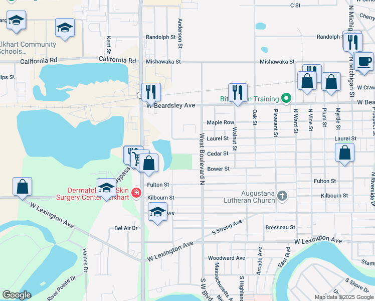 map of restaurants, bars, coffee shops, grocery stores, and more near 1628 Cedar Street in Elkhart