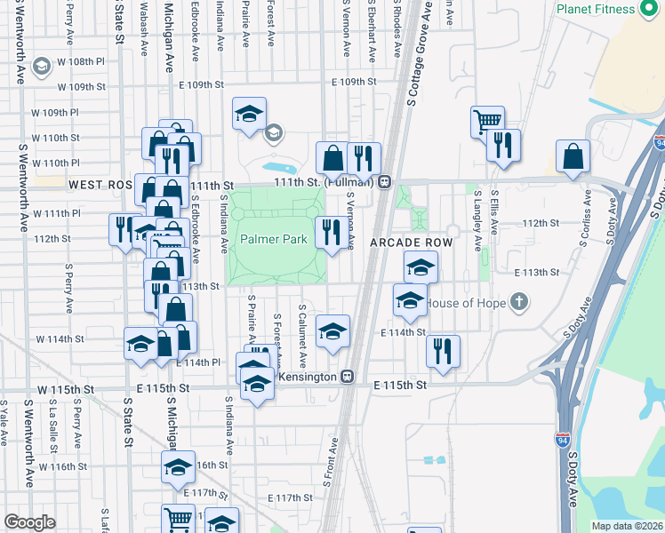 map of restaurants, bars, coffee shops, grocery stores, and more near 11241 South King Drive in Chicago