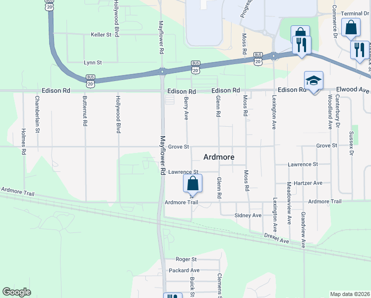 map of restaurants, bars, coffee shops, grocery stores, and more near 23400 Grove Street in South Bend