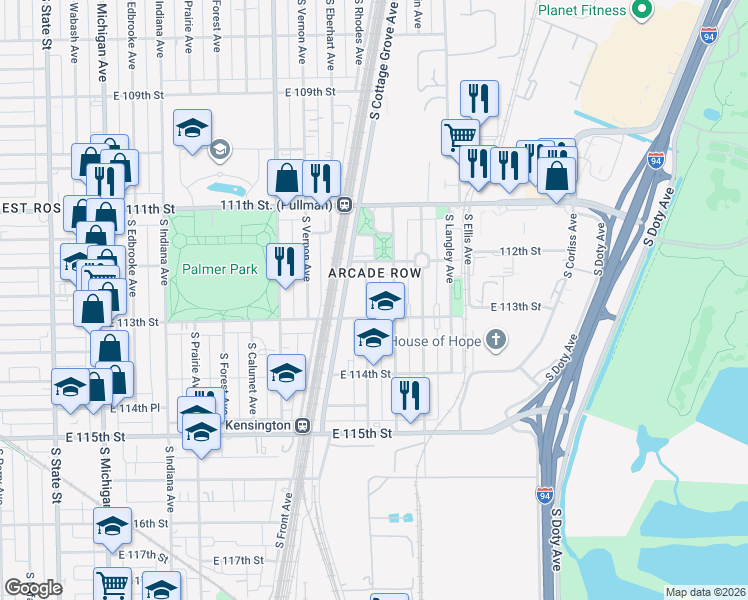 map of restaurants, bars, coffee shops, grocery stores, and more near 11253 South Forrestville Avenue in Chicago
