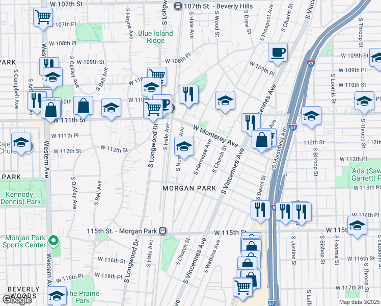 map of restaurants, bars, coffee shops, grocery stores, and more near 11179 South Esmond Street in Chicago