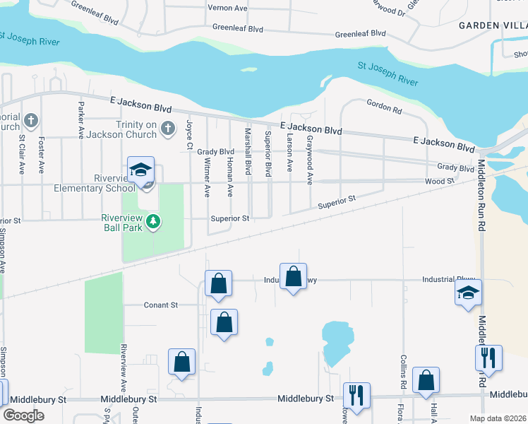 map of restaurants, bars, coffee shops, grocery stores, and more near 3120 Superior Street in Elkhart