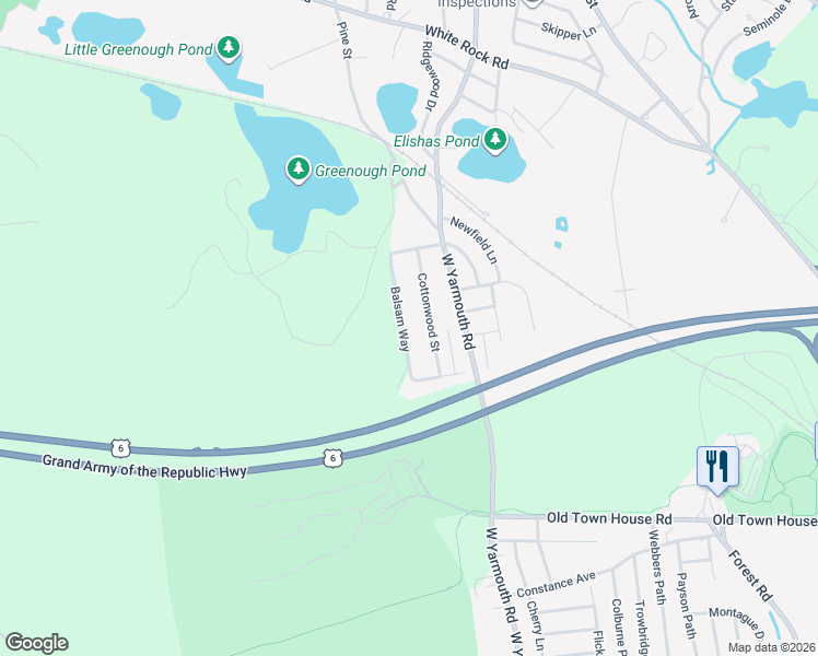 map of restaurants, bars, coffee shops, grocery stores, and more near 42 Balsam Way in Yarmouth