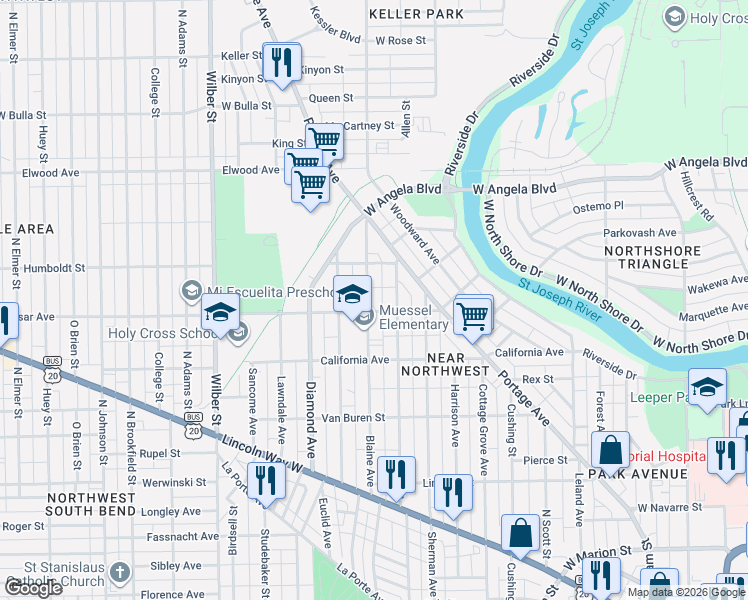 map of restaurants, bars, coffee shops, grocery stores, and more near 1101 Allen Street in South Bend