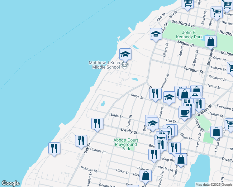 map of restaurants, bars, coffee shops, grocery stores, and more near 136 Riverview Street in Fall River