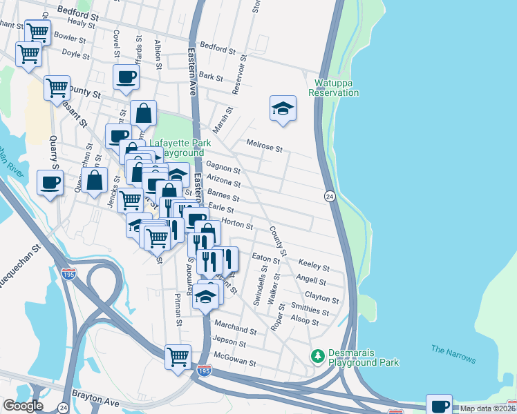 map of restaurants, bars, coffee shops, grocery stores, and more near in Fall River