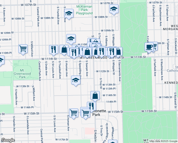map of restaurants, bars, coffee shops, grocery stores, and more near 11202 South Sawyer Avenue in Chicago