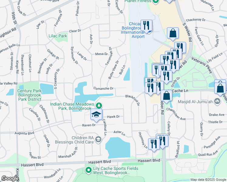 map of restaurants, bars, coffee shops, grocery stores, and more near 314 Blackfoot Drive in Bolingbrook