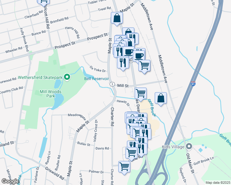 map of restaurants, bars, coffee shops, grocery stores, and more near 336 Maple Street in Wethersfield