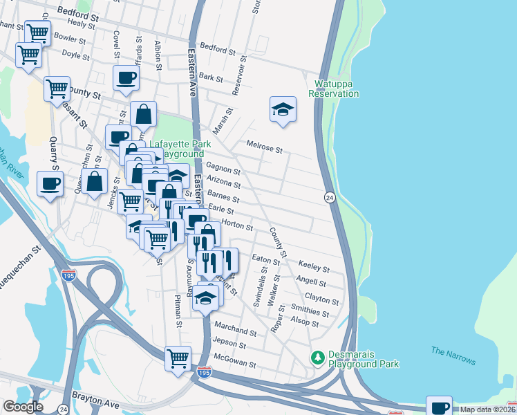 map of restaurants, bars, coffee shops, grocery stores, and more near 915 County Street in Fall River