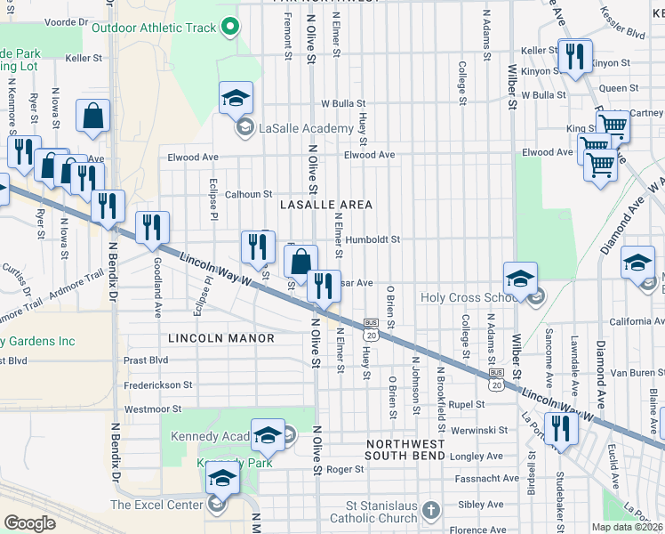 map of restaurants, bars, coffee shops, grocery stores, and more near 1105 North Elmer Street in South Bend