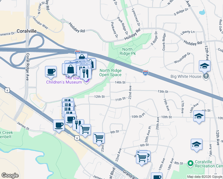 map of restaurants, bars, coffee shops, grocery stores, and more near 2267 13th Street in Coralville