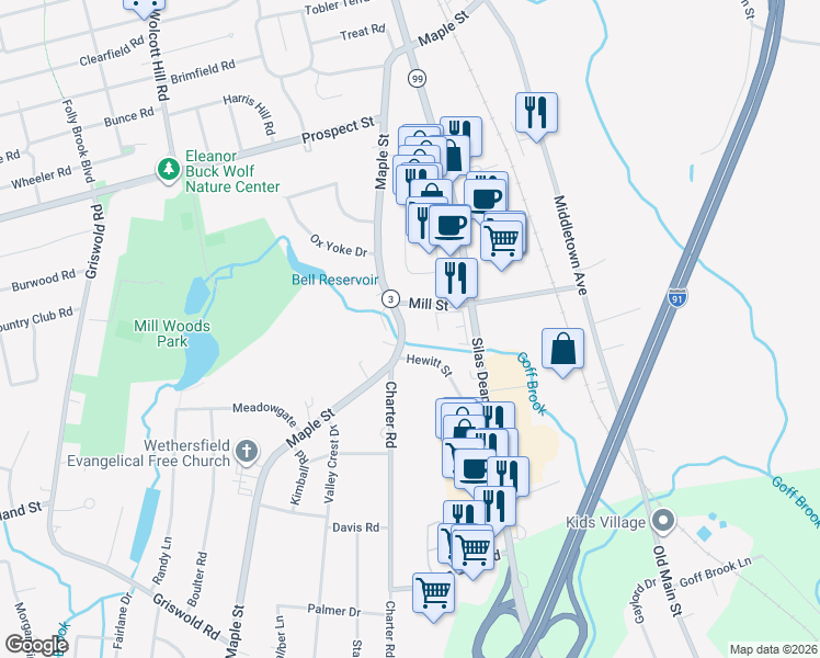 map of restaurants, bars, coffee shops, grocery stores, and more near 342 Maple Street in Wethersfield