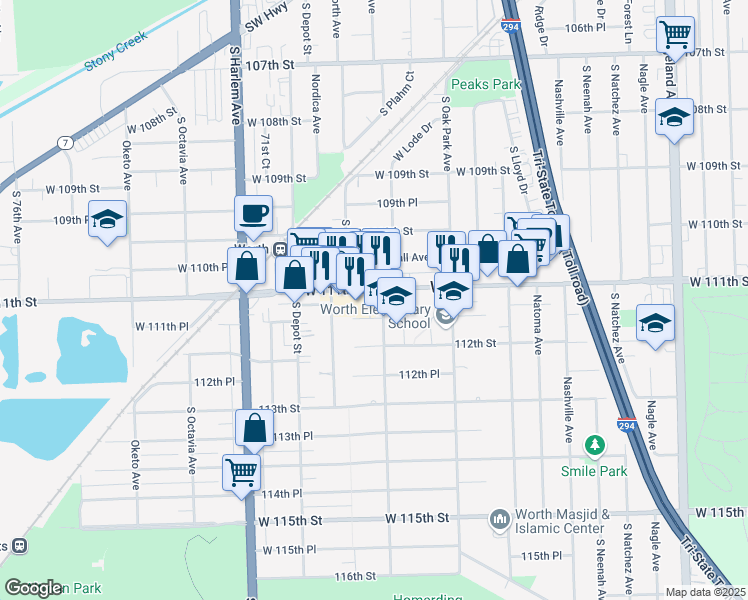 map of restaurants, bars, coffee shops, grocery stores, and more near 6900 111th Place in Worth