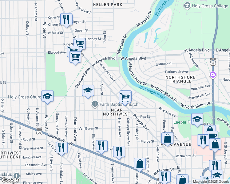 map of restaurants, bars, coffee shops, grocery stores, and more near 1101 Sherman Avenue in South Bend