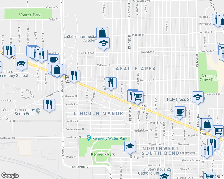 map of restaurants, bars, coffee shops, grocery stores, and more near 1123 North Meade Street in South Bend