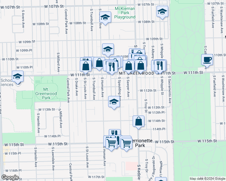 map of restaurants, bars, coffee shops, grocery stores, and more near 11161 South Christiana Avenue in Chicago
