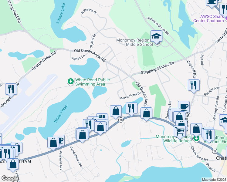 map of restaurants, bars, coffee shops, grocery stores, and more near 83 Wilfred Road in Chatham