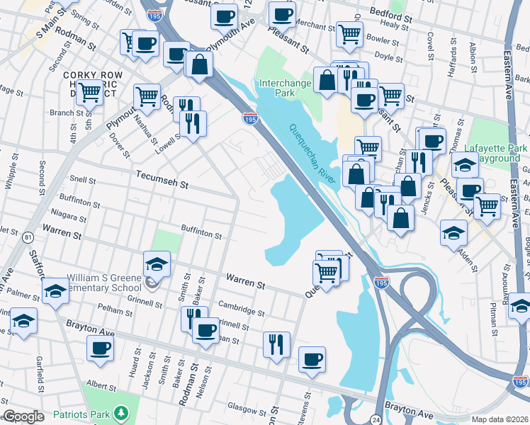 map of restaurants, bars, coffee shops, grocery stores, and more near 104 Augustus Street in Fall River