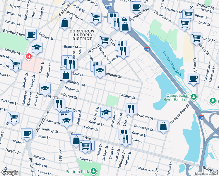 map of restaurants, bars, coffee shops, grocery stores, and more near 335 Buffinton Street in Fall River
