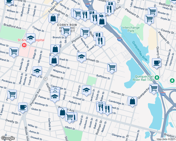 map of restaurants, bars, coffee shops, grocery stores, and more near 335 Buffinton Street in Fall River